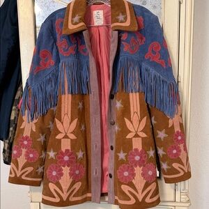 We The Free Brown and Blue Leather Jacket with Fringe